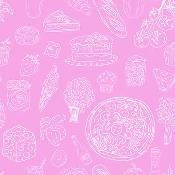 Seamless pattern of hand drawn summer food icons. Mediterranean dolce vita. S Stock Illustration