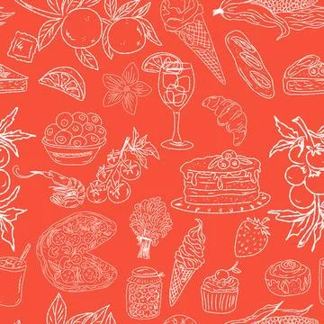 Seamless pattern of hand drawn summer food icons. Mediterranean dolce vita. S Stock Illustration