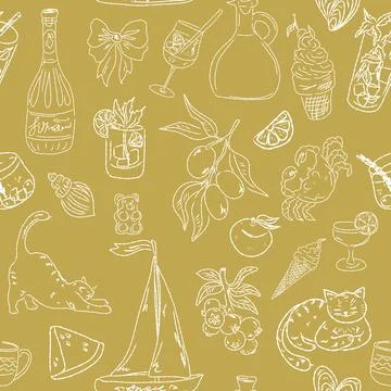 Seamless pattern of hand drawn summer food icons. Mediterranean dolce vita. S Stock Illustration