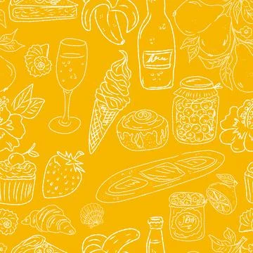 Seamless pattern of hand drawn summer food icons. Mediterranean dolce vita. S Stock Illustration