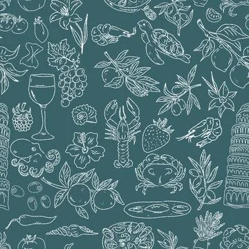 Seamless pattern of hand drawn summer food icons. Mediterranean dolce vita. S Stock Illustration