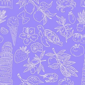 Seamless pattern of hand drawn summer food icons. Mediterranean dolce vita. S Stock Illustration