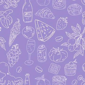 Seamless pattern of hand drawn summer food icons. Mediterranean dolce vita. S Stock Illustration