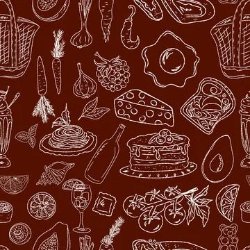 Seamless pattern of hand drawn summer food icons. Mediterranean dolce vita. S Stock Illustration