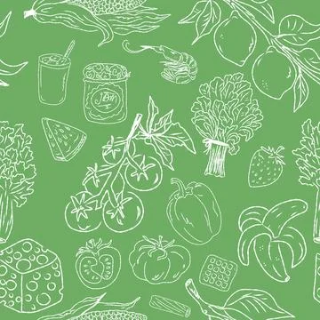 Seamless pattern of hand drawn summer food icons. Mediterranean dolce vita. S Stock Illustration
