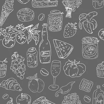 Seamless pattern of hand drawn summer food icons. Mediterranean dolce vita. S Stock Illustration