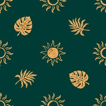 Seamless pattern with hand drawn sun symbols and tropical leaves Stock Illustration