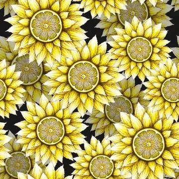 Seamless pattern with hand drawn sunflowers and lemons isolated on black back Stock Illustration