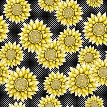 Seamless pattern with hand drawn sunflowers and lemons isolated on black dots Stock Illustration