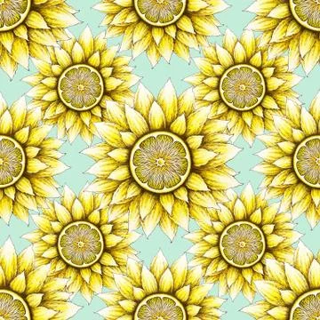 Seamless pattern with hand drawn sunflowers and lemons isolated on blue backg Stock Illustration