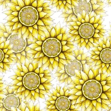 Seamless pattern with hand drawn sunflowers and lemons isolated on white back Stock Illustration