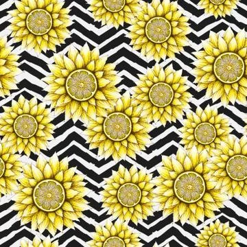 Seamless pattern with hand drawn sunflowers and lemons isolated on geometrica Stock Illustration