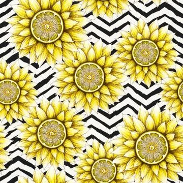 Seamless pattern with hand drawn sunflowers and lemons isolated on geometrica Stock Illustration