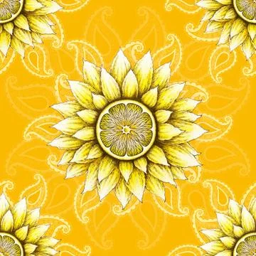 Seamless pattern with hand drawn sunflowers and lemons isolated on yellow orange Stock Illustration