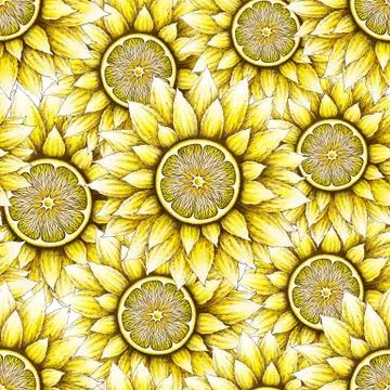 Seamless pattern with hand drawn sunflowers and lemons isolated on white back Illustrazione stock
