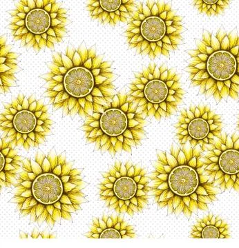 Seamless pattern with hand drawn sunflowers and lemons isolated on white back Stock Illustration