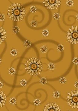 Seamless pattern with hand drawn sunflowers on damask background of gold colo Stockillustratie