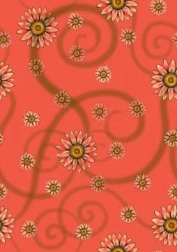 Seamless pattern with hand drawn sunflowers on peach red damask background. Stockillustratie