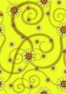 Seamless pattern with hand drawn sunflowers on yellow damask background. Stockillustratie