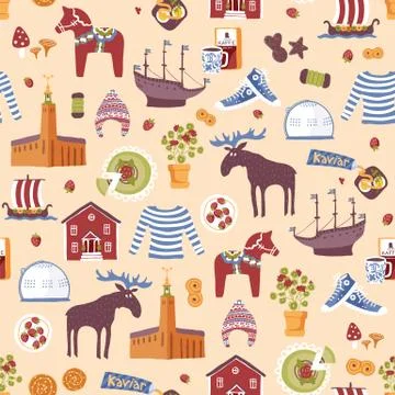 Seamless pattern of hand drawn Swedish symbols Stock Illustration