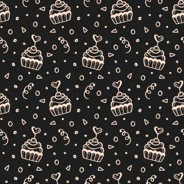 Seamless pattern with hand drawn sweet cupcakes Stock Illustration