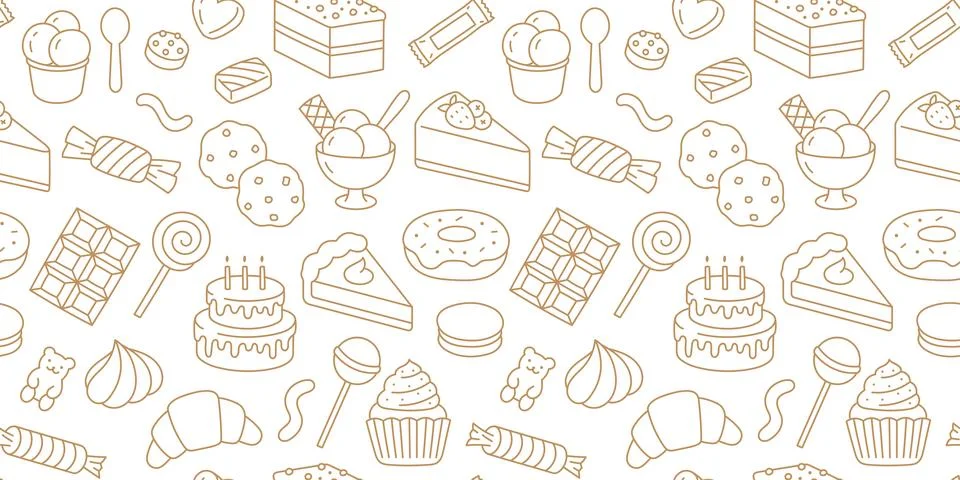 Seamless pattern with hand drawn sweet food doodles. Delicious bakery and Stock Illustration