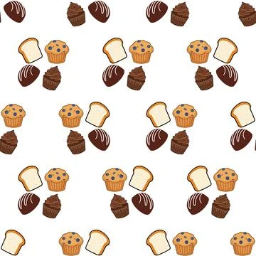 Seamless pattern with hand drawn sweet bakery items including muffins and b.. 库存插图