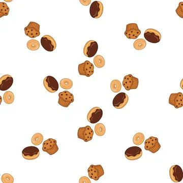 Seamless pattern with hand drawn sweet pastry donuts and muffins on white b.. 库存插图