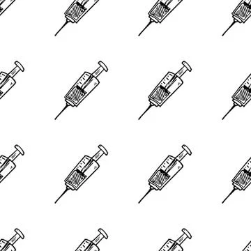 Seamless pattern hand drawn syringe doodle. Sketch style icon. Decoration ele Stock Illustration
