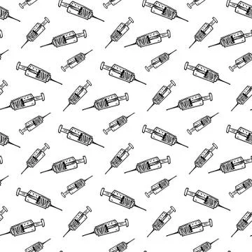 Seamless pattern hand drawn syringe doodle. Sketch style icon. Decoration ele Stock Illustration