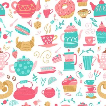 Seamless pattern with hand drawn tea time symbols on white background. Cartoon Stock Illustration