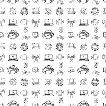 Seamless pattern hand drawn technologies set. Doodle black sketch. Sign symbo Stock Illustration