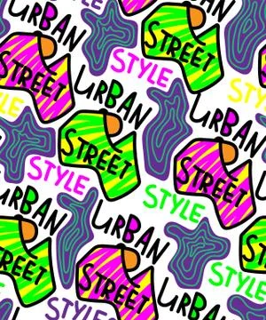 Seamless pattern with hand drawn text urban street style with wave shapes, lines Stock Illustration