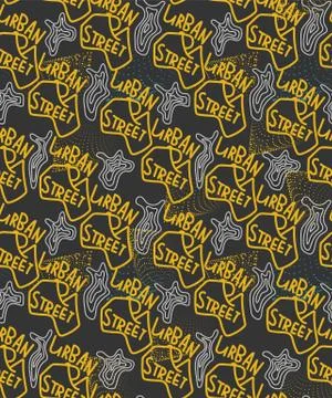 Seamless pattern with hand drawn text urban street style with wave shapes, lines Stock Illustration
