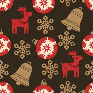 Seamless pattern with hand drawn textured retro christmas objects Stock Illustration
