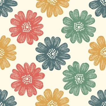 Seamless pattern with hand drawn textured retro flowers Stock Illustration