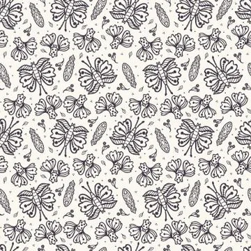 Seamless pattern hand drawn tiny falling leaf butterfly motif background Illustrazione stock