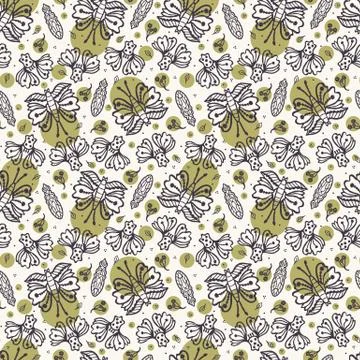 Seamless pattern hand drawn tiny falling leaf butterfly motif background Illustrazione stock