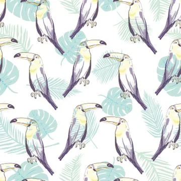 Seamless pattern with hand drawn toucan on white background Stock Illustration
