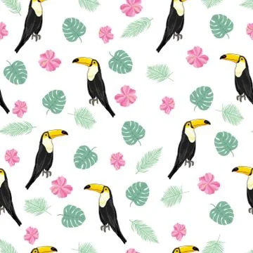 Seamless pattern with hand drawn toucan on white background Stock Illustration