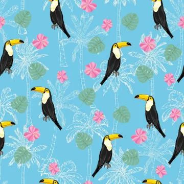Seamless pattern with hand drawn toucan on white background Stockillustratie
