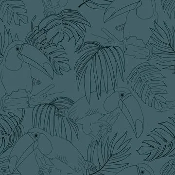 Seamless pattern of hand-drawn toucans and tropical leaves. Outline vector fl Stock Illustration
