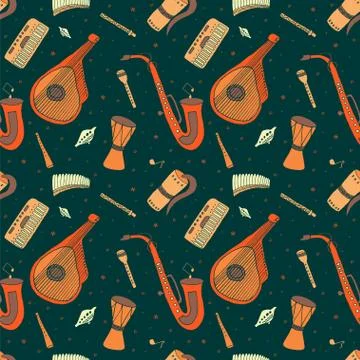 Seamless pattern of hand drawn traditional Slavic, Ukrainian musical instruments Illustrazione stock