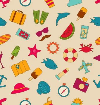 Seamless Pattern with Hand Drawn Travel Objects and Icons Illustrazione stock