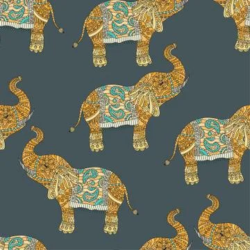 Seamless pattern with hand-drawn tribal styled elephant Stock Illustration
