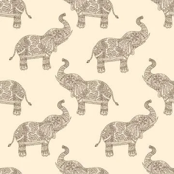 Seamless pattern with hand-drawn tribal styled elephant Stock Illustration