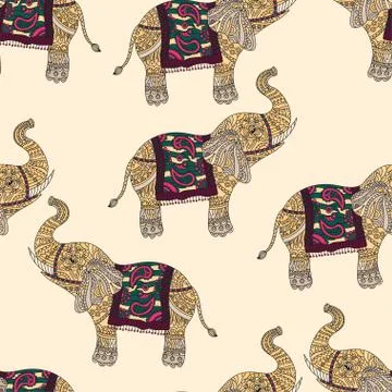 Seamless pattern with hand-drawn tribal styled elephant Stock Illustration