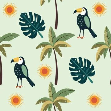 Seamless pattern with hand drawn tropical bird, palm tree, mostrera and sun. Stock Illustration