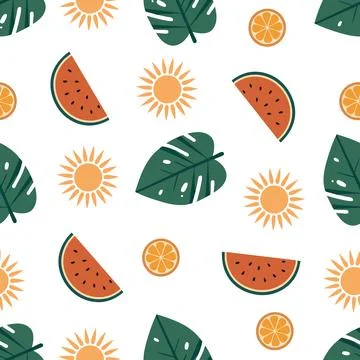 Seamless pattern with hand drawn tropical tree leaf, melon and sun Stock Illustration
