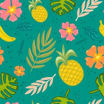 Seamless pattern with hand drawn tropical flowers. Vector illustration Stock-Illustration